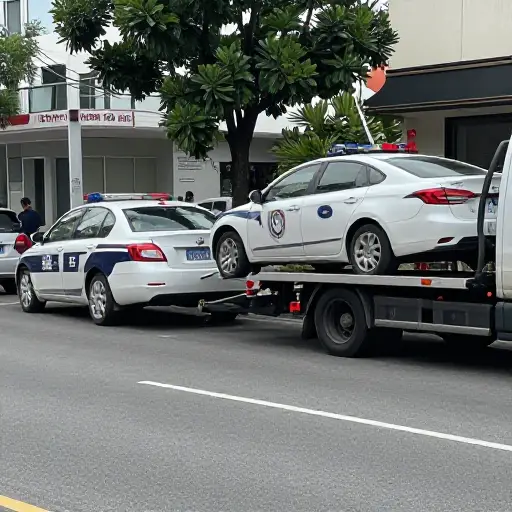 警察拖走了一辆非法停放的汽车。