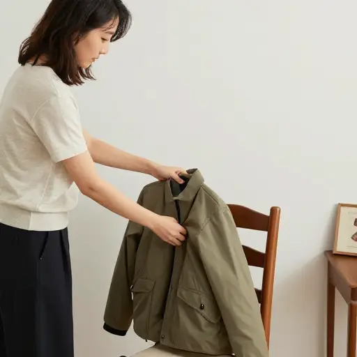 Liz 脱下她的夹克，挂在椅子上。