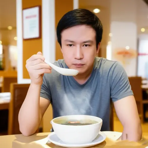 他尝了一小口汤，看看味道如何。