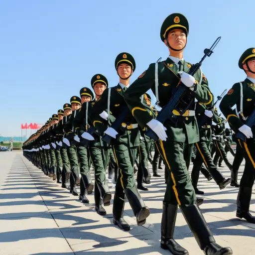 士兵们以整齐的步伐在广场上列队行进。