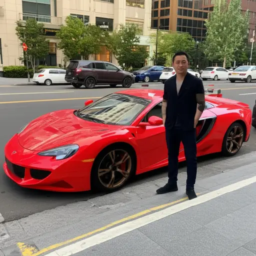 他拥有一辆红色跑车。