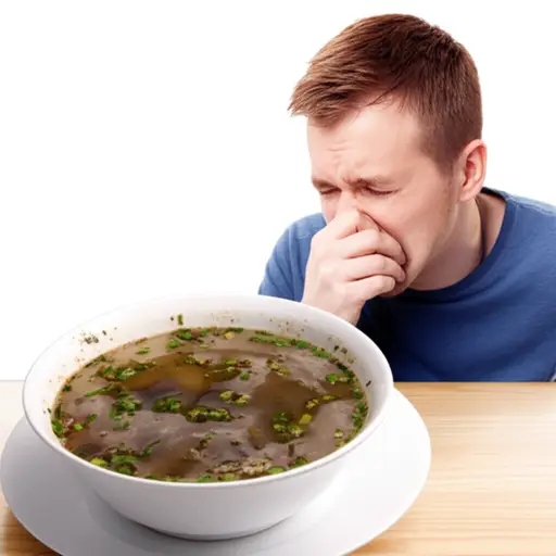 这碗汤的味道令人作呕，我一口都喝不下去。