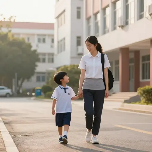 她每天早上带儿子去学校。