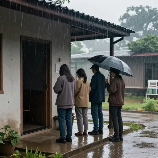 我们在门廊里避雨。