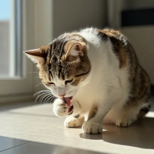 那只猫仔细地清理它柔软的爪子。