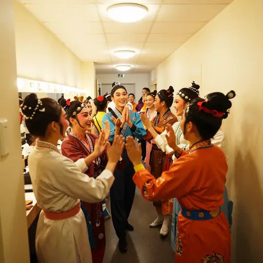 在观众起立鼓掌后，剧组人员兴高采烈地从化妆间涌出，互相拥抱大笑。