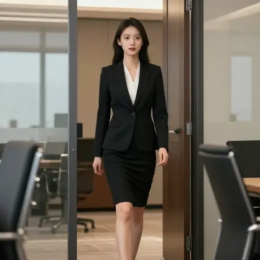 她穿了一套时尚的黑色西装去参加会议。