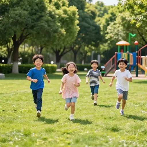 孩子们跑过修剪整齐的草坪去玩耍。