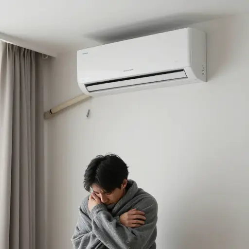 空调产生了强烈的冷风，让房间不舒服。