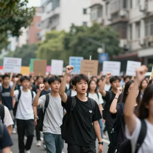 许多学生游行反对战争，举着标语，高呼口号。