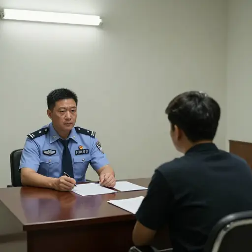警察在审讯室里对嫌疑人进行了长时间的问讯。