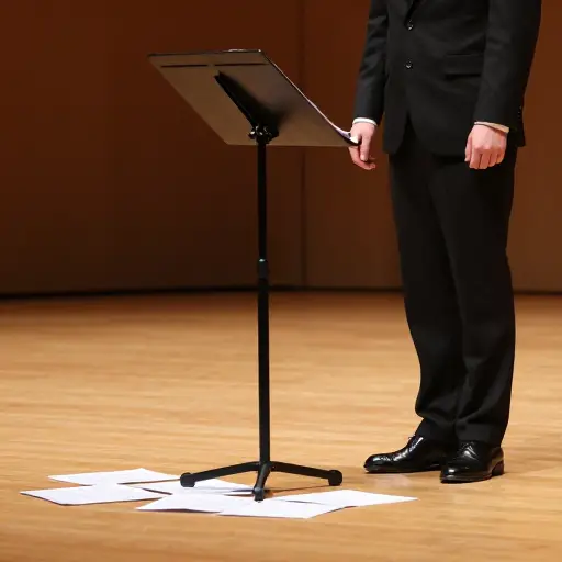 演出期间，一位音乐家不小心撞到了乐谱架。