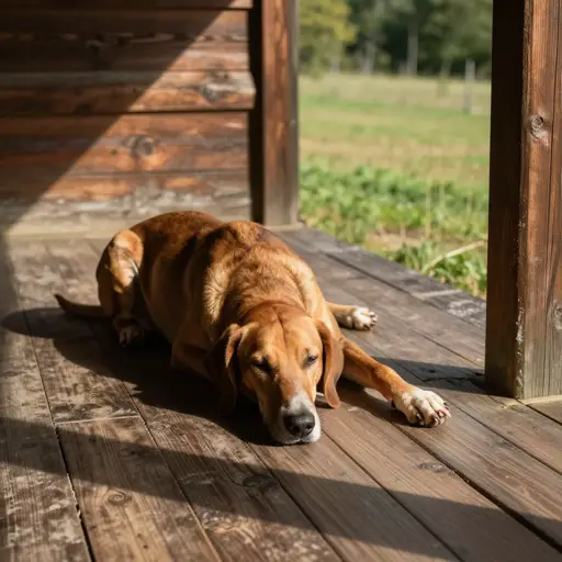 那只懒洋洋的猎犬摊在门廊上，有人经过也只是勉强抬了抬头。