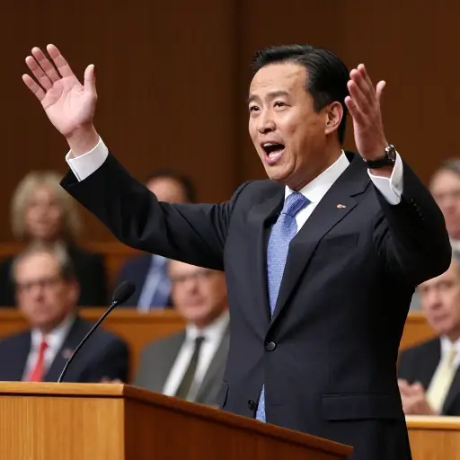 辩论期间，这位政治家用力地打手势以强调他的论点。