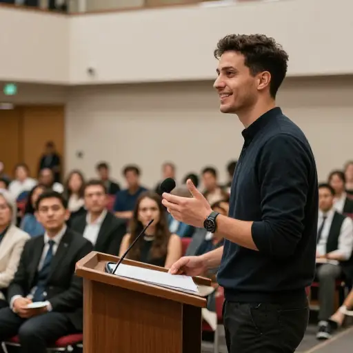 对于如此年轻的演讲者来说，他以极大的自信向观众发表了讲话。