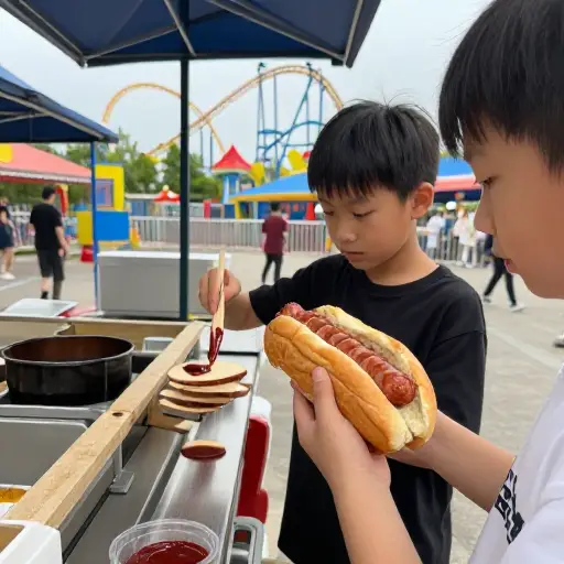 孩子们在游乐园里买了一个热狗当午餐。