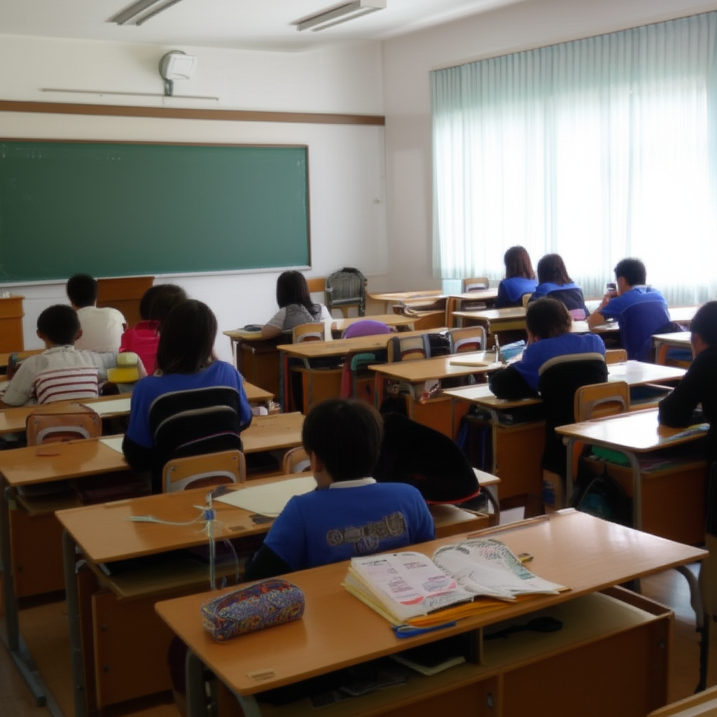教室里整齐地摆放着课桌。