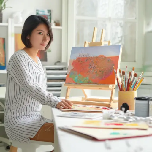 她在工作室里创作了一幅新的油画。