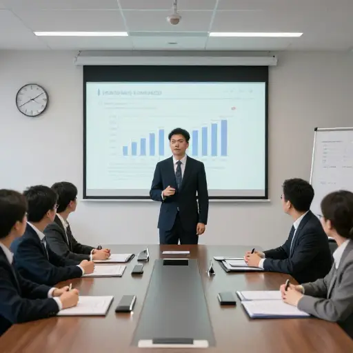 他在季度会议上向同事们陈述了报告。