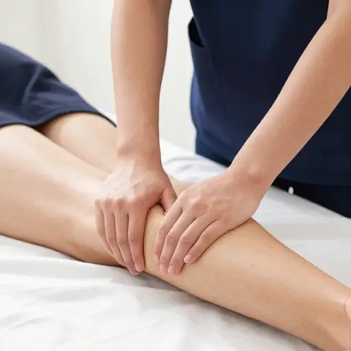 理疗师对紧绷的小腿进行了深度按压。