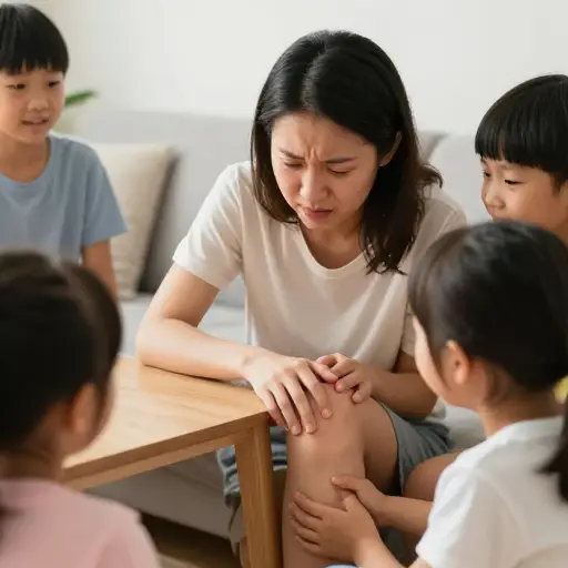 她和孩子们玩耍时膝盖撞到了桌子。