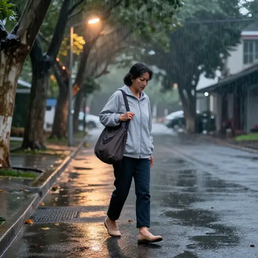 她在雨中走了很久，鞋子都湿透了。