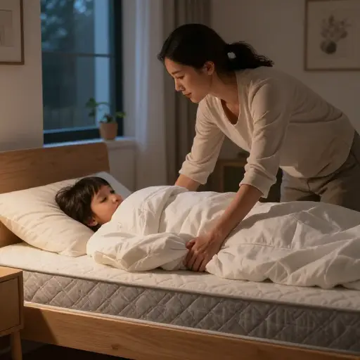 妈妈帮我把被子边角塞好，这样晚上就不会冷了。