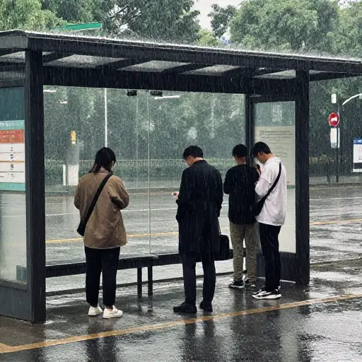 他们在公交候车亭下等待，以躲避突如其来的倾盆大雨。