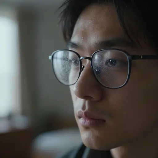 在寒冷的房间里，我的眼镜上凝结了一层水雾。