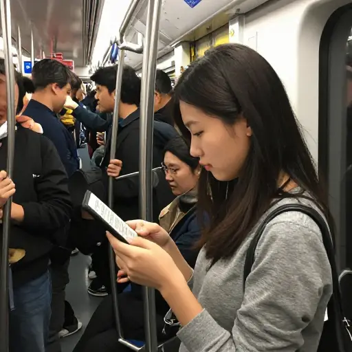 她在通勤途中用手持设备读小说。