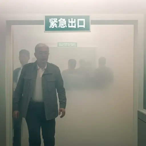 火灾发生时，所有人都迅速从紧急出口撤离。