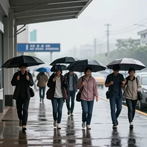 我们刚出发就下起雨来了。