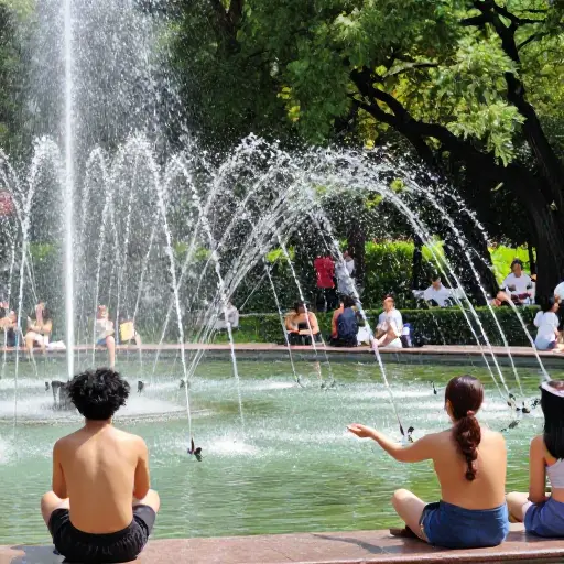 夏天，许多人因喷泉冷却了空气而感到高兴。