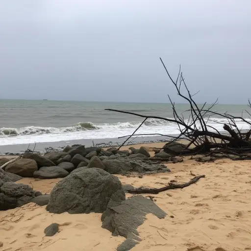 暴风雨过后，海滩上到处都是树枝和岩石的碎片。
