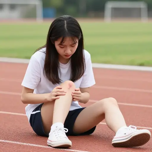 她在操场上摔了一跤，膝盖上擦破了一点皮。