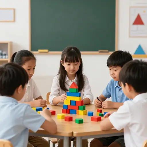 孩子们在几何课上用积木搭了一个金字塔。