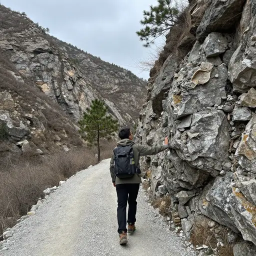 在收到最近的落石警告后，这位徒步者穿越狭窄山道时始终保持警惕。