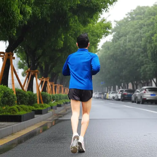 虽然下雨了，但他坚持要完成户外跑步。