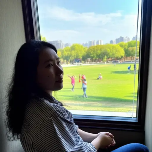 她坐在窗边观看孩子们在公园里玩耍。