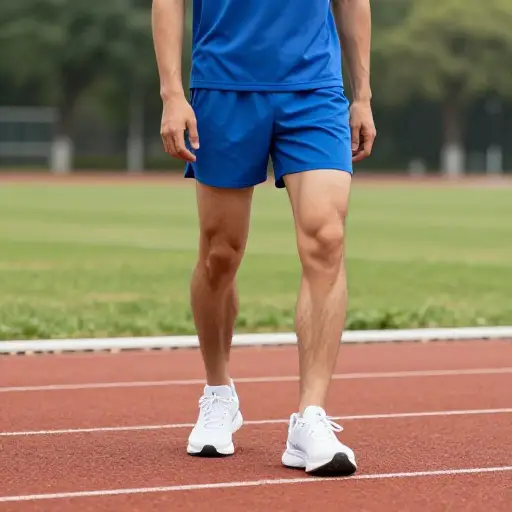 他穿着一件运动服和运动鞋。