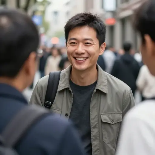 看到熟悉的面孔时，他自动地露出了微笑。