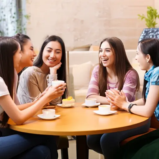 一群女生在咖啡店里叽叽喳喳地讨论着最新的八卦。
