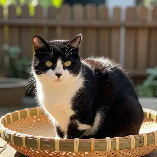 那只花斑猫的黑白相间皮毛在阳光下格外显眼。
