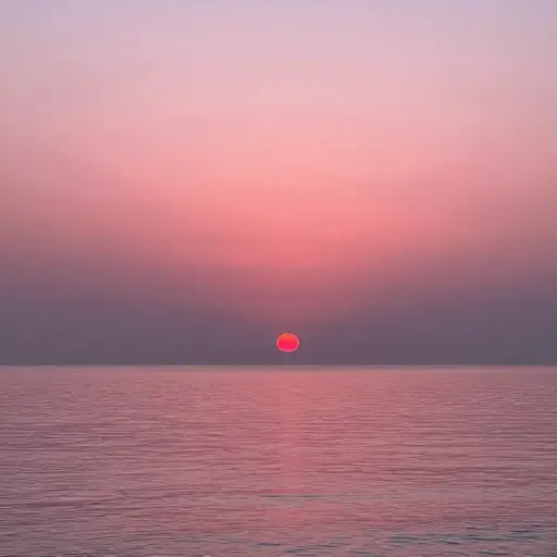 我们看着太阳沉入海平面，天空变成了深邃的玫瑰粉色。