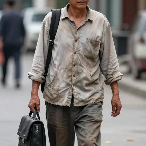 他总是穿着破旧的衣服去上班。