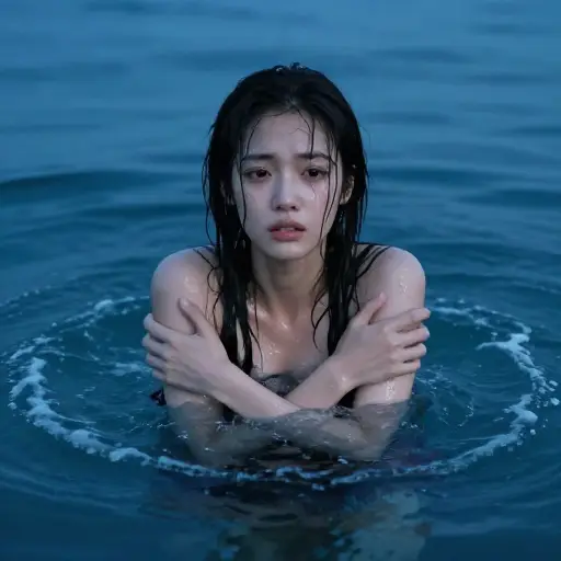 她从冰冷的海水中浮现出来，瑟瑟发抖。