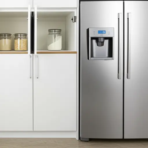糖在橱柜里，靠近冰箱。