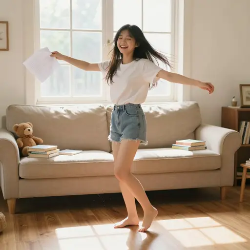 收到奖学金信让我妹妹太过欣喜，光着脚在客厅里跳起舞来。