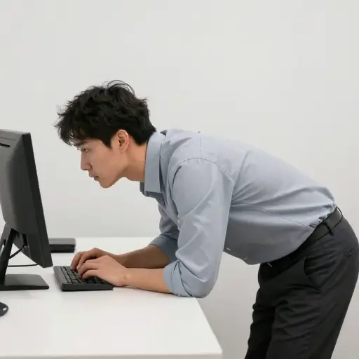 他驼背坐在电脑前，盯着屏幕看了好几个小时。