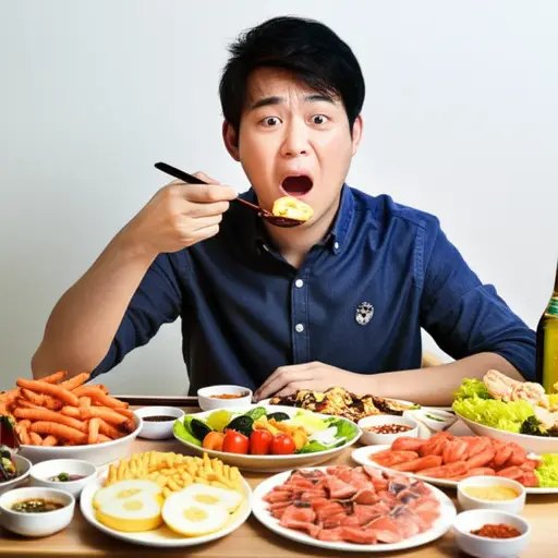 看着满桌的美食，他的贪吃本性暴露无遗。